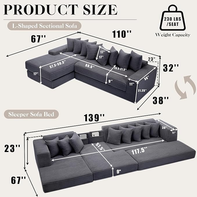 110 Oversized L Shaped Convertible Sleeper Sofa Bed Corduroy Folding Sectional Sofa with 8 Pillows &amp Storage Bags Modern Floor Mattress Couch for Living Room Small Spaces Dark Grey Left Chaise