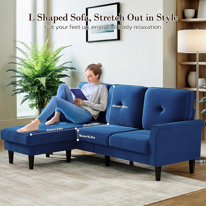 Sofas for Living Room 83 Velvet Sectional Couch with Moveable Ottoman Midcentury Modern Small Sectional Couch L Shape Sofa &amp 3 Seater Couches for Living Room Apartment Bedroom Blue