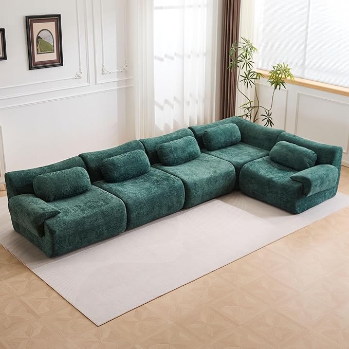 148.2 Boneless Couches for Living Room Set Cloud Modular Sectional Sofa in a Box Memory Foam Modern Couch Big Comfy Compressed Sofas L Shaped Couch with Corner Bedroom Apartment Dark Green