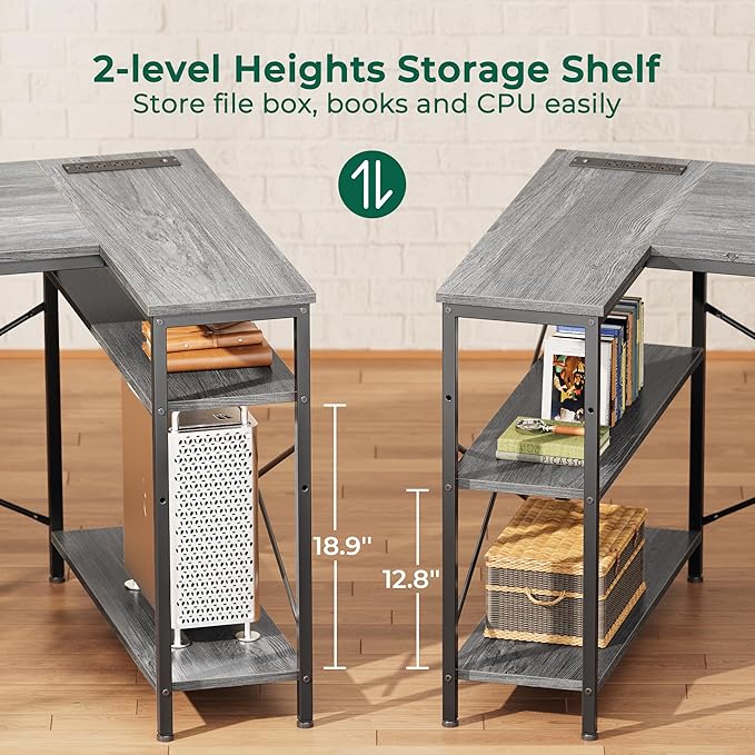 Huuger L Shaped Office Desk with Power Outlets 55 Inch Computer Desk with 3 Drawers Shelves Reverisble for Gaming Corner Work Home Office Study Grey