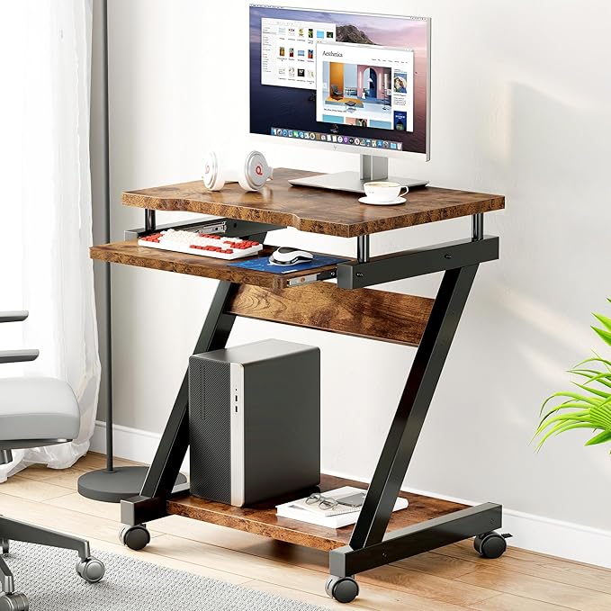 sogesfurniture Small Mobile Computer Desk with Keyboard Tray Z-Shaped Compact Study Table Rolling Workstation for Home and Office with Printer Shelf Keyboard Drawers Rustic Brown