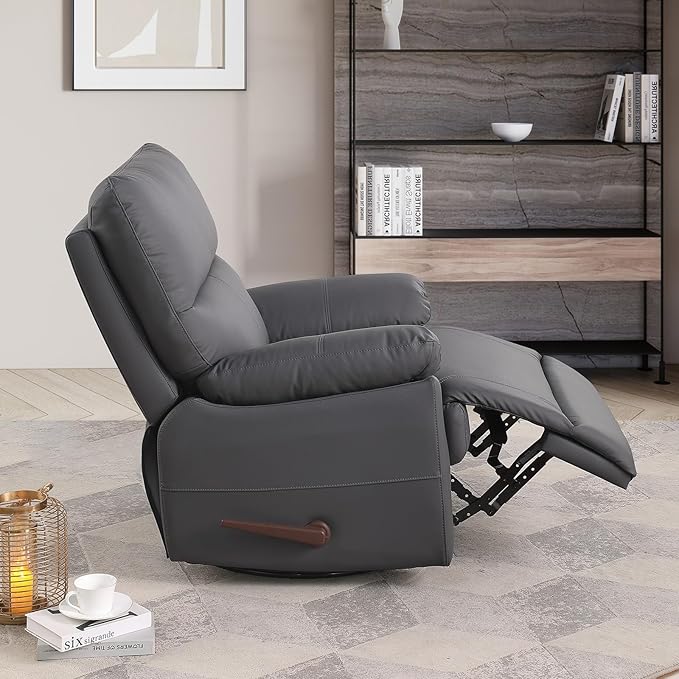 Manual Recliner Chair with Lever Handle 360° Swivel Elderly Rocker Recliner Chairs Single Seat upholstered Recliner Sofa Chair for Living Room Apartment (Dark Grey)