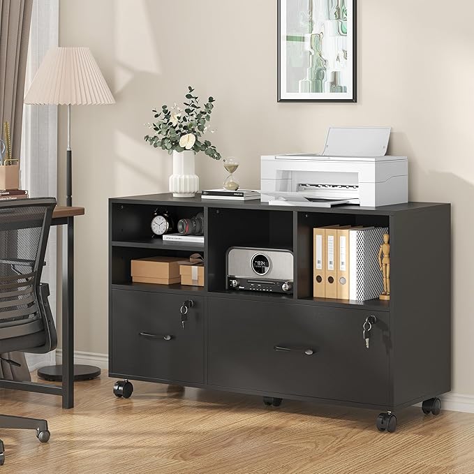 2 Drawer Wood Mobile Large Lateral File Cabinet Lockable Rolling Filing Cabinet with Storage Shelves Printer Stand Office Storage Cabinet for Home Office Fits Files Legal/A4 Black