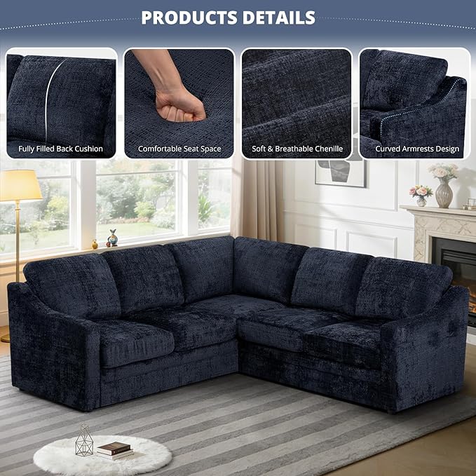 89 Inches Chenille Sectional Sofa with High Density Sponge Modern 5 Seats Corner Couch with Deep Seat Comfy Modular L Shaped Couch with Comfortable Back Cushions for Living Room Blue