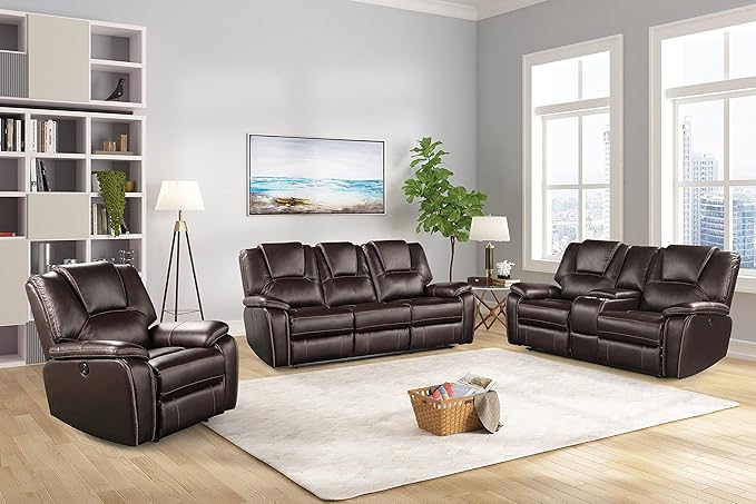 3 PC Recliner Sofa Sets Bonded Leather Lounge Chair Loveseat Reclining Couch for Living RoomBrown