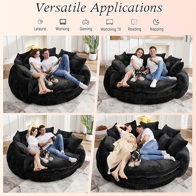 81” Oversized Upholstered Round Sofa Bed Circle Chaise Lounge Chair Indoor Modern Chenille Cloud Couch with 14 Pillows Comfy Bean Bag Chair Reading Couch Fluffy Sleeper Sofa for Living Room(Black)