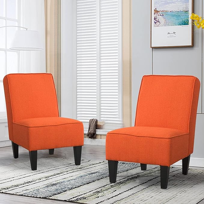 Yongqiang Upholstered Accent Chairs Set of 2 Armless Side Chairs for Living Room Bedroom Slipper Chair Orange Fabric