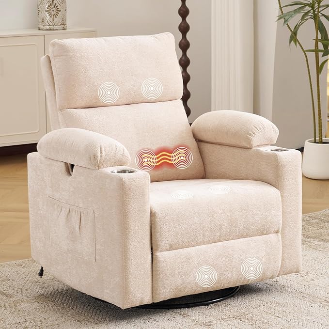 Rocking Chair Nursery with Adjustable Armrests Electric Glider Recliner Nursing Chair for Breastfeeding Power Swivel Recliner Chairs with Massage and Heat Adjustable Headrest  FSC Certified Beige