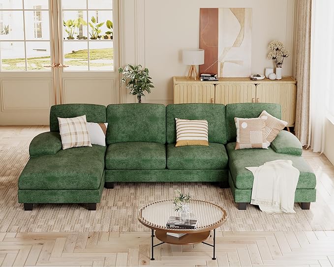 JUMMICO Sectional Couches for Living Room U Shaped Couch with Chenille Fabric 4 Seat Modern Sofa with Removable Pillows for Apartment and Small Space (Fabric Green)