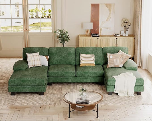JUMMICO Sectional Couches for Living Room U Shaped Couch with Chenille Fabric 4 Seat Modern Sofa with Removable Pillows for Apartment and Small Space (Fabric Green)