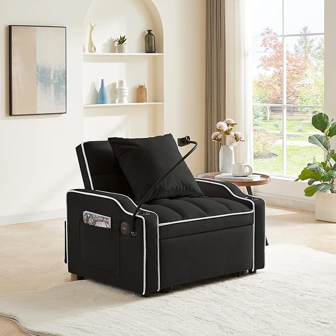 Convertible Sleeper Sofa Chair Bed 3 in 1 Tufted Velvet Pull Out Sleeper Chair with Adjustable Backrest &amp Phone Holder Modern Single Sofa for Living Room Small Spaces Apartment Black