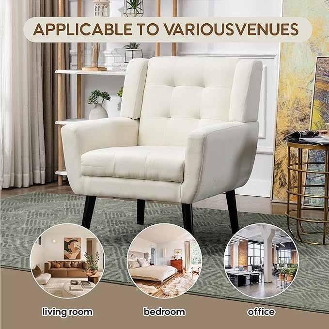Set of 2 Linen Accent Chair Mid-Century Modern Tufted Armchair for Living Room Bedroom &amp Office (Beige)