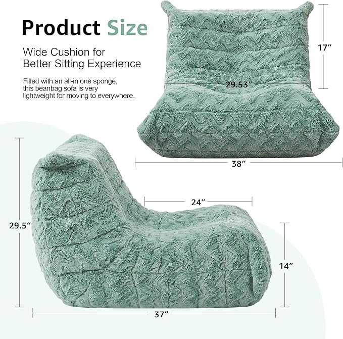 Bean Bag Chairs for Adults Giant Bean Bag Chair Memory Foam BeanBag Chair Bean Bag Sofa with Filler Faux Fur Fireside Beanbags Lazy Sofa for Living Room Bedroom Office (Green Chevron Single)