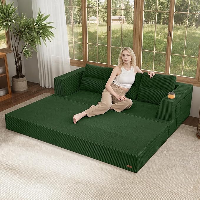 COMAX Futon Sofa Bed Queen 79 Convertible Sofa Bed Couches for Living Room 4 in 1 Folding Boneless Sleeper Corduroy Couch Loveseat Foam In a Box Comfy Foldable Lounge Fold Out Floor Mattress Green