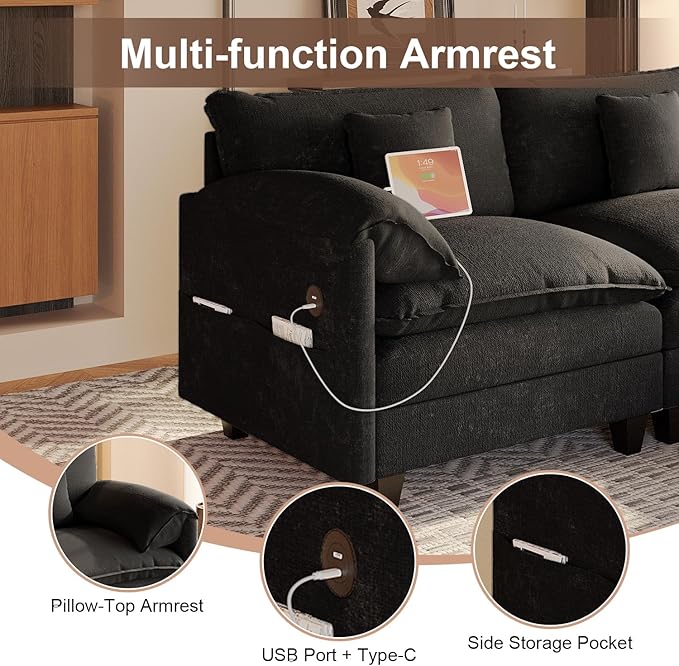 108“ Modular Sectional Sofa with Movable Ottoman Plush Double-Layer Cushion Cloud Couch with USB Charging Ports &amp Side Storage Pockets Chenille L Shaped Modern Sofa Couches for Living Room Blac