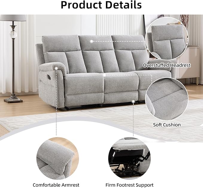 Manual Reclining Sofa 3 Seat Soft Fabric Recliner Couch for Adults with Overstuffed Arms and Back Sofa Recliner for Living Room (Silver)