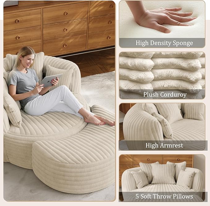 50 Oversized Chaise Lounge Indoor Round Reading Chair Lounge Chair with Ottoman Boneless Sofa Bed Large Fluffy Plush Corduroy Chaise Chair for Living Room Playroom Bedroom Beige White