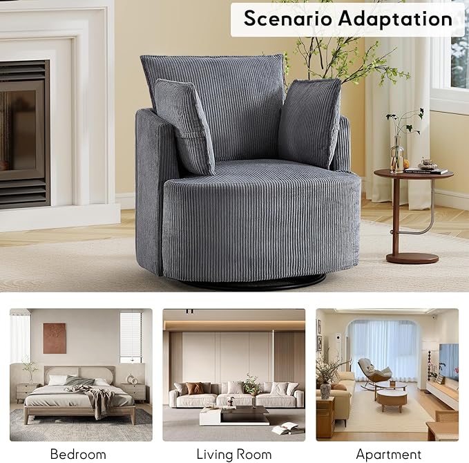 Bonzy Home 360° Swivel Accent Chair Comfy Corduroy Swivel Barrel Chair with 2 Soft Pillows Single Sofa for Living Room Bedroom Grey