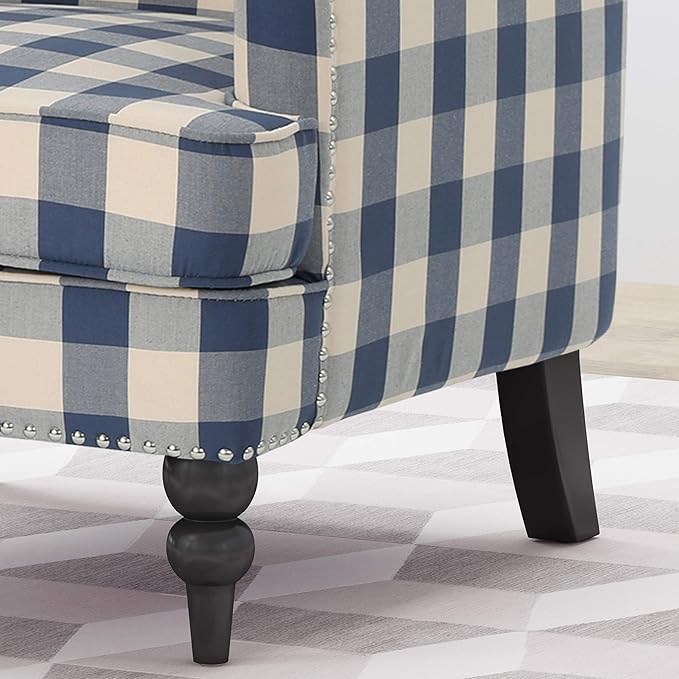 Christopher Knight Home Evete Tufted Fabric Club Chair Blue Checkerboard Dark Brown 32D x 28.75W x 34.5H in