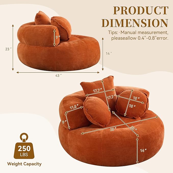 Round Oversized Chair Floor Sofa Chair Chenille Compressed Circle Chaise Lounge No Assembly Boneless Barrel Chair Lazy Bean Bag Couch Accent Chair for Living Room Bedroom DormOrange