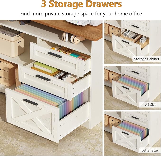 Farmhouse L Shaped Electric Standing Desk with File Cabinet 55 inch Height Adjustable Computer Desk with Drawers ＆ Storage Shelves Corner Standing Desk with Power Outlets Brown and White