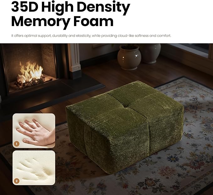 38 Plush Corduroy Ottoman Upholstered Cloud Ottoman for Boneless Couch in A Box Compressed Memory Foam Footrest No Assembly Require Green