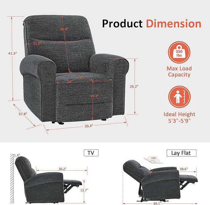 MCombo Power Wall Hugger Recliner Chair for Small Space RV Living Room USB &amp USB-C Charging Ports Modern Rolled Arm Recliner PR630 (Dark Grey Medium)