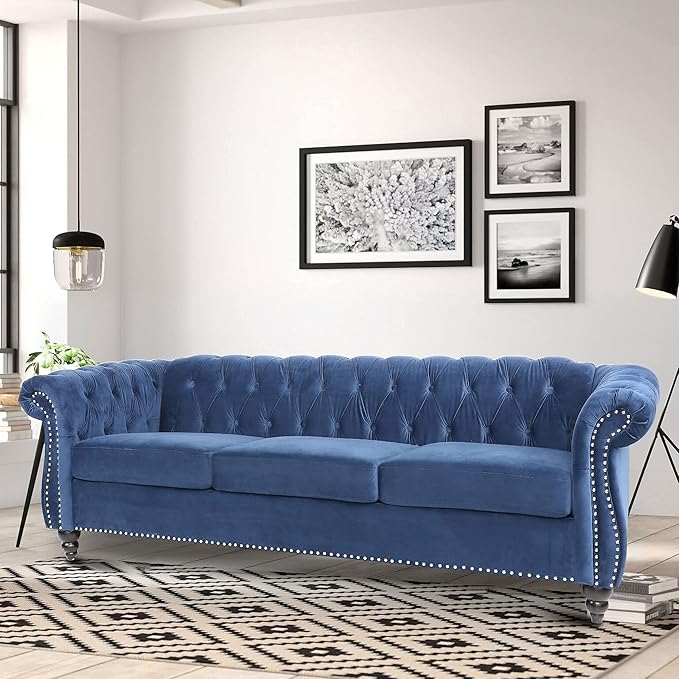 Chesterfield Sofa Modern Velvet Tufted Couch 3 Seater with Scroll Arms and Nailhead for Living Room Bedroom Office Apartment (Blue)