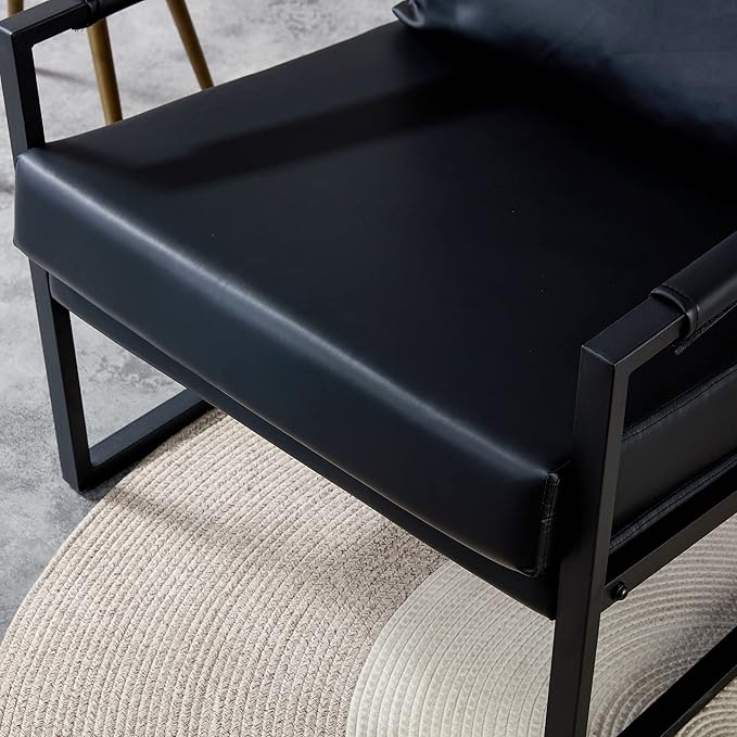 PU Leather Accent Arm Chair Mid Century Modern Upholstered Armchair with Metal Frame Extra Thick Padded Backrest and Seat Cushion Sofa Chairs for Living Room (Black PU Leather Metal Frame Foam)