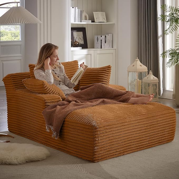 Avenix 66 Oversized Boneless Chaise Lounge Chairs Indoor Corduroy Chaise Lounges Chairs Indoor Comfy Reading Chair Cloud Sleeper Lounging Chair Sofa Couch Bed with 3 Pillows for Living Room Pink