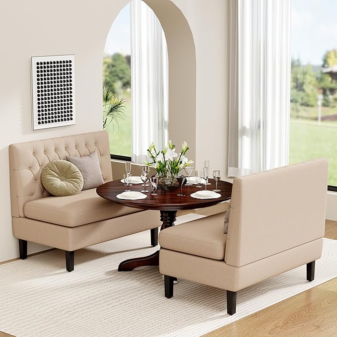 Andeworld Modern Loveseat Settee Button Tufted Sofa Couch Upholstered Banquette Dining Bench High Back Living Room FunitureKhaki