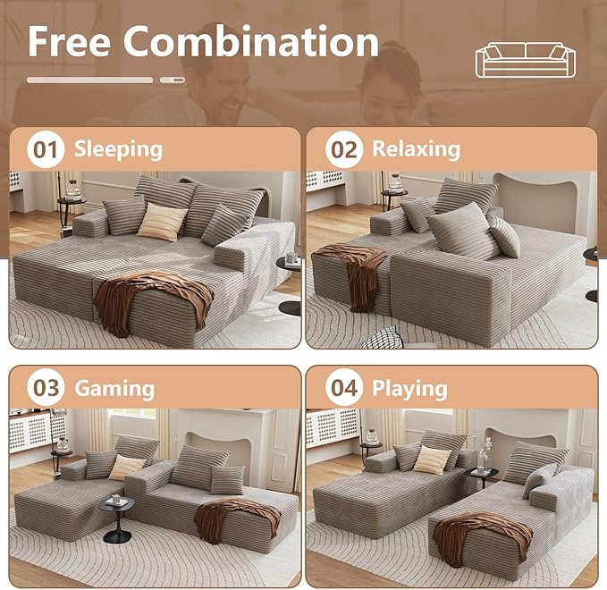 Oversized Double Chaise Lounges Indoor - 74.8 Upholstered Boneless Cloud Stupendous Oversized Chaise Lounge Couch Luxury Sofa Bed Deep Seat - Plush Corduroy Lounge Chair2 PiecesCamel