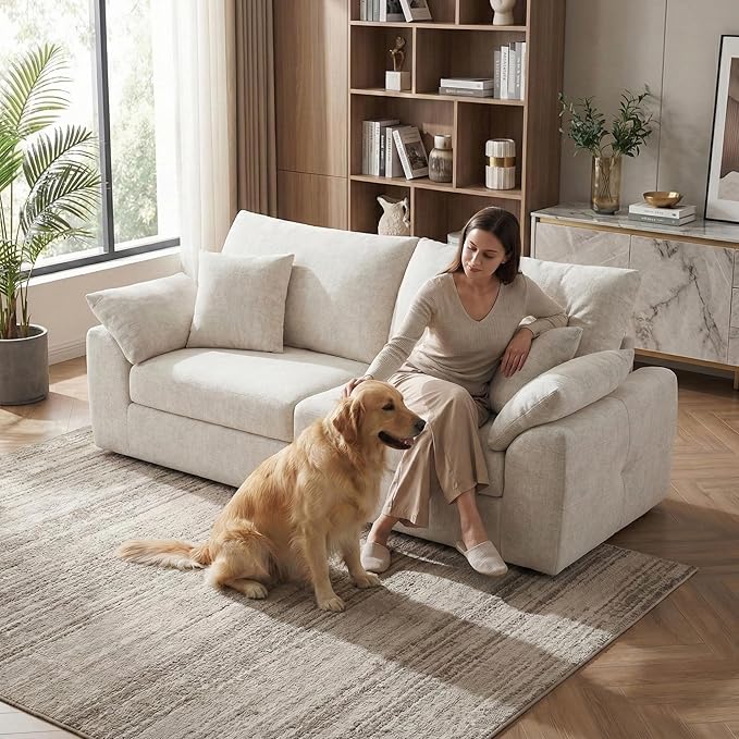 89.8 Modern Loveseat Sofa for Living Room Cloud Boneless Couches with 4 Pillows Mid Century Loveseat couches for Small Place No Assembly Required Beige