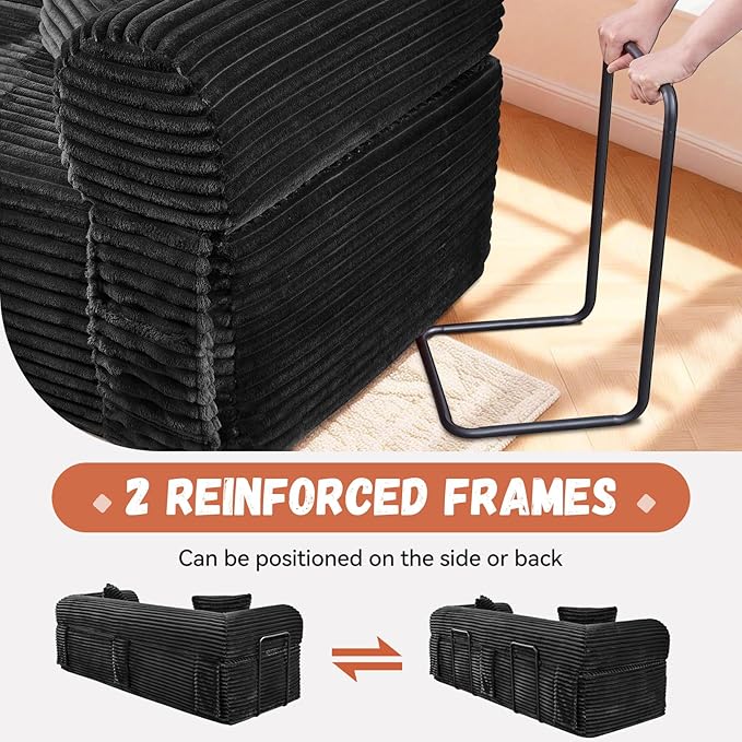 83 inch Cloud Boneless Couch for Living Room 3-Seater Sofa with Fixed-Shape Frame Single Sleeper Corduroy Sofa in A Box No Assembly Required Black