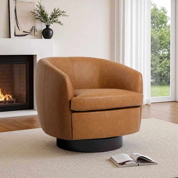 Faux Leather Swivel Barrel Chair Modern Round Swivel Accent Chair with 360° Rotation Upholstered Armchair Club Chair for Living Room Bedroom Office (Light Brown)