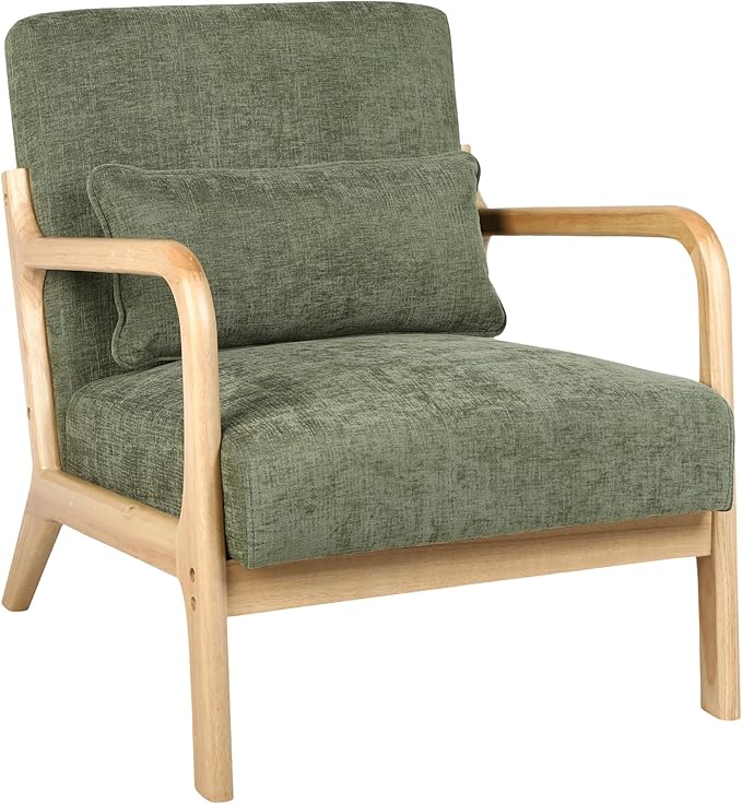 Mid Century Modern Accent Chair with Solid Wood Frame Comfy Reading Lounge Chair with Detachable Lumbar Pillow for Living Room Bedroom Office Vintage Small Wooden Armchair for Waiting Room (Green)