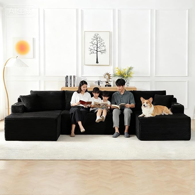 GNIXUU 133.5 Oversized U Shaped Black Boneless Sectional Couch with Cup Holders Modular Sectional Cloud Sofa with Storage Pocket Deep Seat Plush Corduroy Couches for Living Room No Assembly! | eas