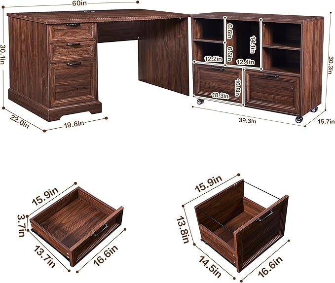 60L-Shaped Executive Desk with 40Adjustable File CabinetFarmhouse Home Office Desk with Charging StationOffice Desk with Storage DrawersWood Computer Desk Set for Office WorkHome Study (Brown)