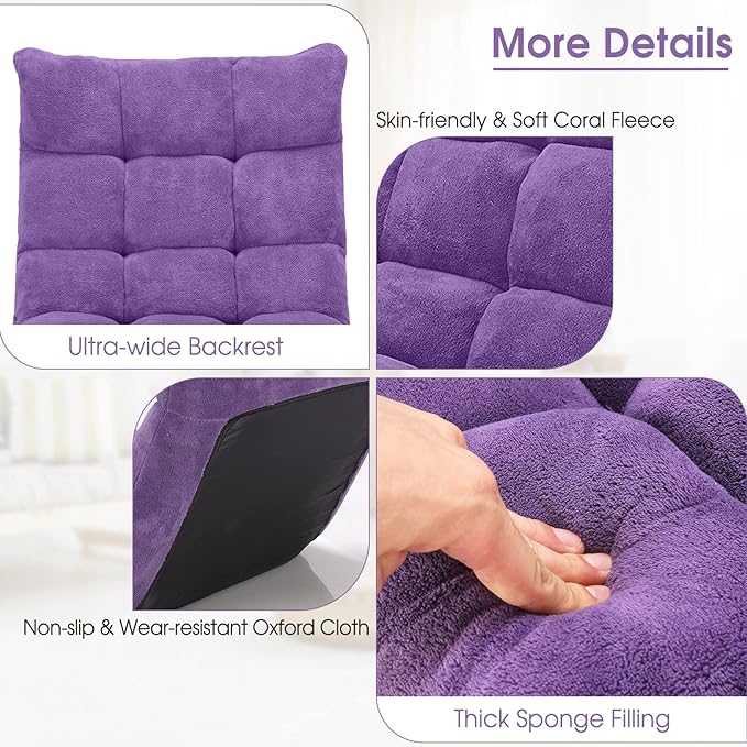 Giantex Floor Chair with Back Support 14 Adjustable Position Padded Sleeper Bed Couch Recliner Folding Gaming Floor Chairs for Adults Living Room Bedroom Yoga Meditation Purple