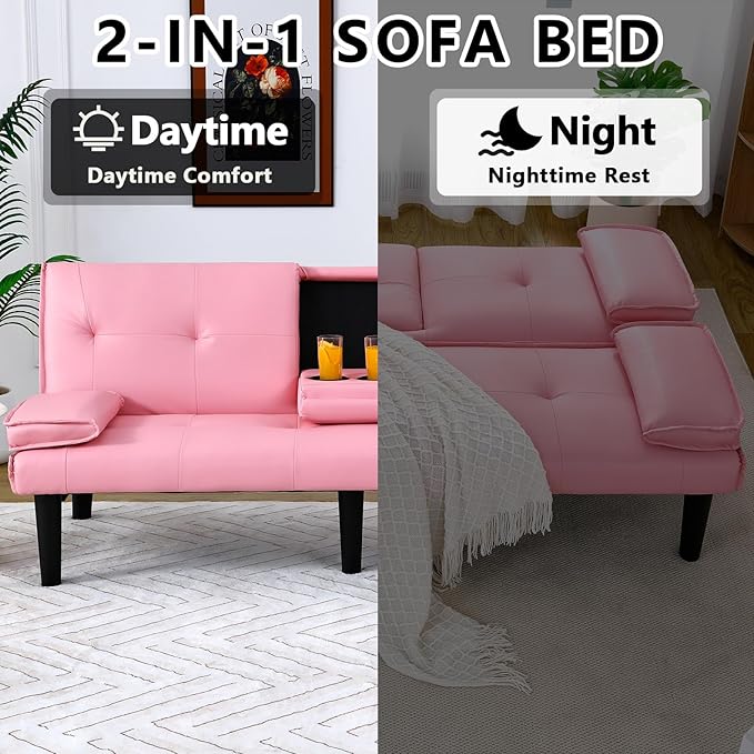 67” Futon Sofa Bed with Pillows Modern Convertible Futon Couch with 2 Cup Holders&amp Removable Armrests for Small Spaces Living Room Solid Wood Frame (Pink PU Leather)