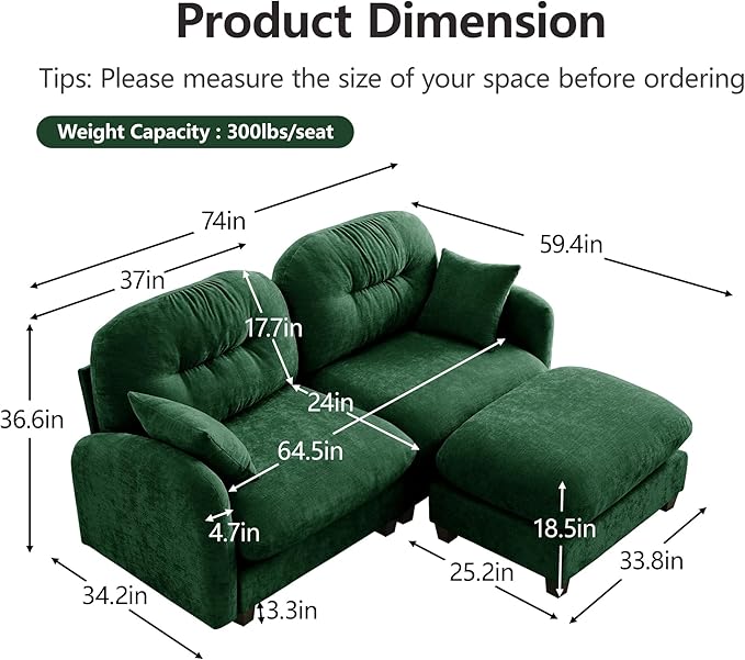 JULYFOX Loveseat Sofa and Ottoman Set 74 inch Wide Corner Sectional Couch L Shaped Chenille Fabric Sofa for Small Spaces(Green Loveseat and 1 Piece of Ottoman)