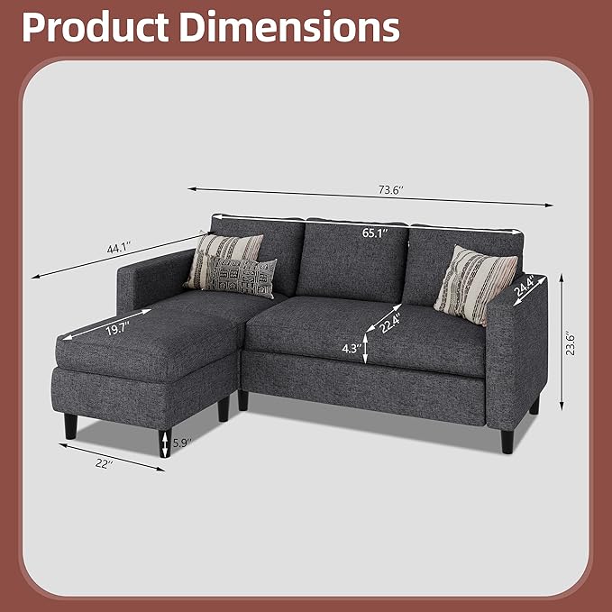 JAMFLY Sectional Sofa Couch Convertible L Shaped Sofas with Ottoman Small Sectional Couches for Living Room 3 Seater Couch for Small Spaces Pink