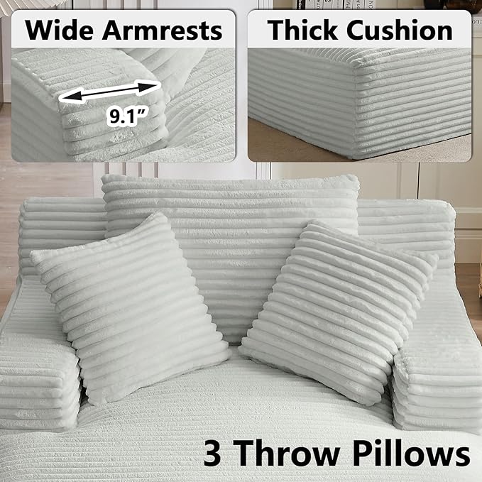 67 Inch Boneless Couch Oversized Chaise Lounge Sofa Corduroy Chaise Lounge Chair Indoor with Comfy Pillows for Living Room Bedroom Foam Filling No Assembly (Light Grey)