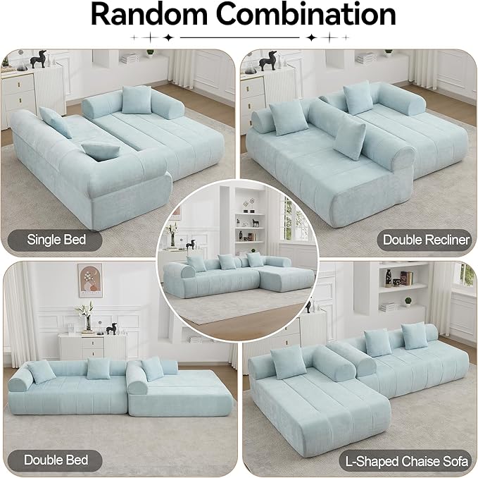 119'' Curved Boneless Sofa Couch 3 Seat Cloud L Shaped Deep Seat Couches for Living Room No Assembly Modular Sofa with Right Chaise Lounge Blue