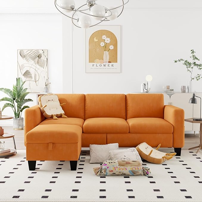 ZeeFu Convertible Sectional Sofa CouchClassic 3 Seat L-Shaped Sofa Set with Movable Ottoman Modern Orange Velvet Upholstered Small Sectional Sofa Couch for Small Space Apartment Living Room Office