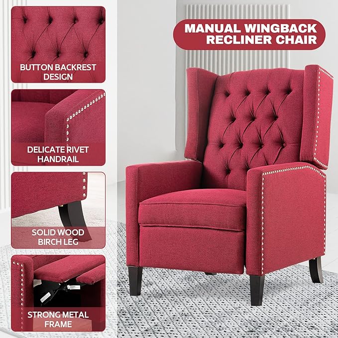 Recliner Chair for Adults Red Fabric Accent Chairs Living Room Mid-Century Modern Recliner Button Tufted Club Chair Upholstered Vintage Reclining Reading Arm Chair 27 Wide
