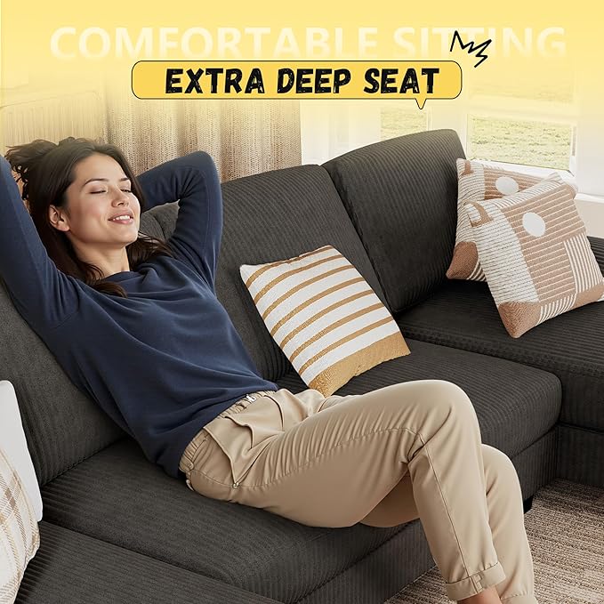 JUMMICO Sectional Couches for Living Room U Shaped Couch with Chenille Fabric 4 Seat Modern Sofa with Removable Pillows for Apartment and Small Space (Corduroy Light Grey)