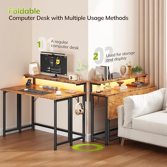 Folding Desk for Small SpaceFoldable Computer Desk with Monitor Stand31.5 Inch Small Desk with LED Lights for Bedroom Home OfficeWriting Work Office Computer Desk with HooksRustic Brown