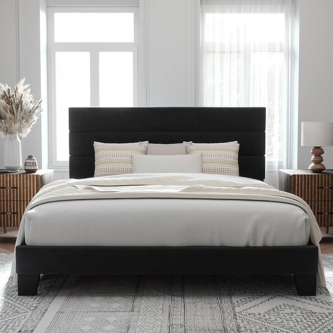 Allewie King Size Platform Bed Frame with Velvet Upholstered Headboard and Wooden Slats Support Fully Upholstered Mattress Foundation/No Box Spring Needed/Easy Assembly Black