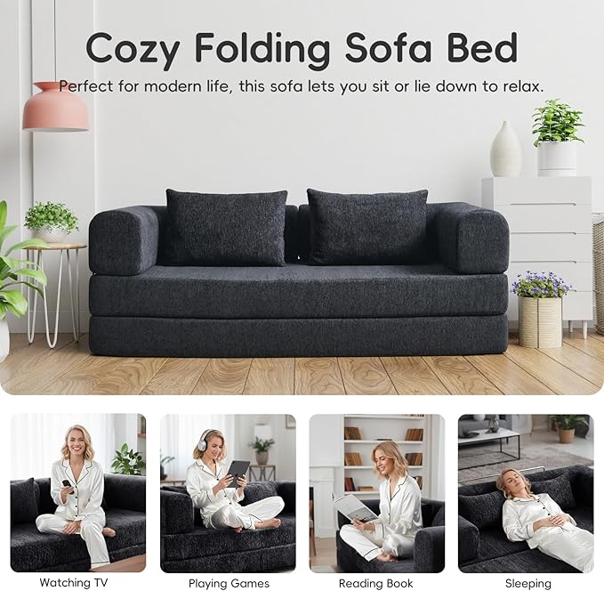 5-in-1 Convertible Folding Sofa Bed 79 Queen Chenille Boneless Couch with Removable Armrests No Assembly Loveseat Sleeper Sofa Modular Futon Couch for Living Room &amp Bedroom (Black)